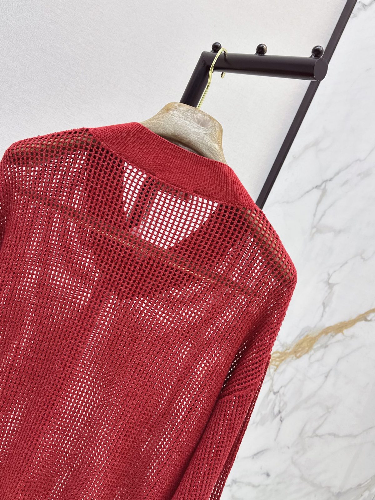 Open Knit V-Neck Sweater Red