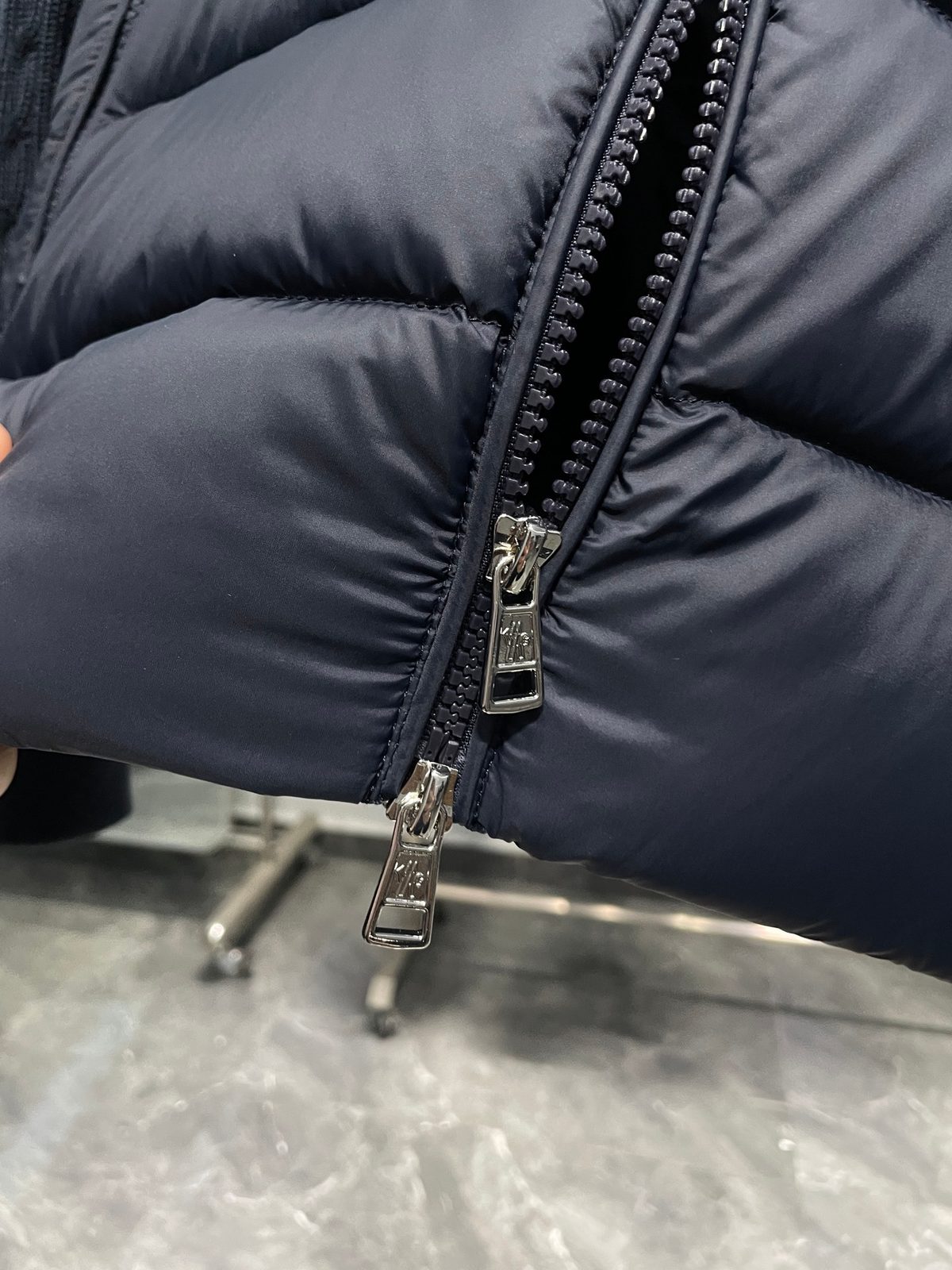 Navy Quilted Puffer Jacket with Knit Sleeves