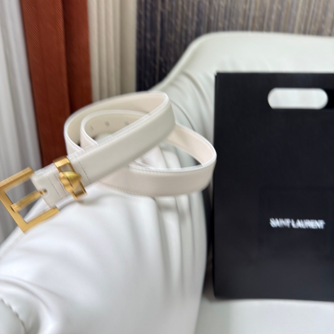 Saint Laurent White Leather Belt with Gold Buckle