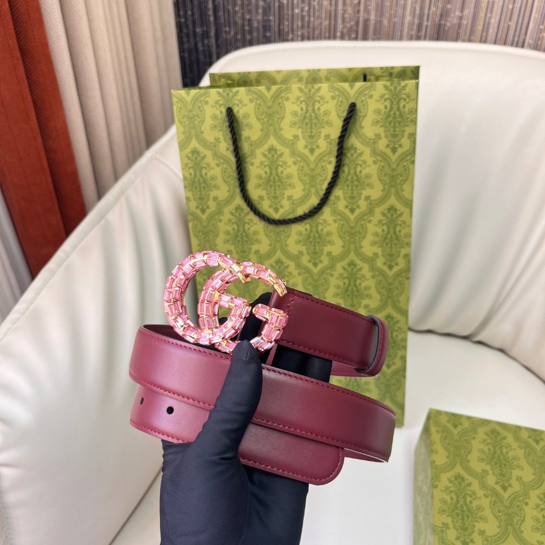 Gucci GG Crystal Buckle Leather Belt