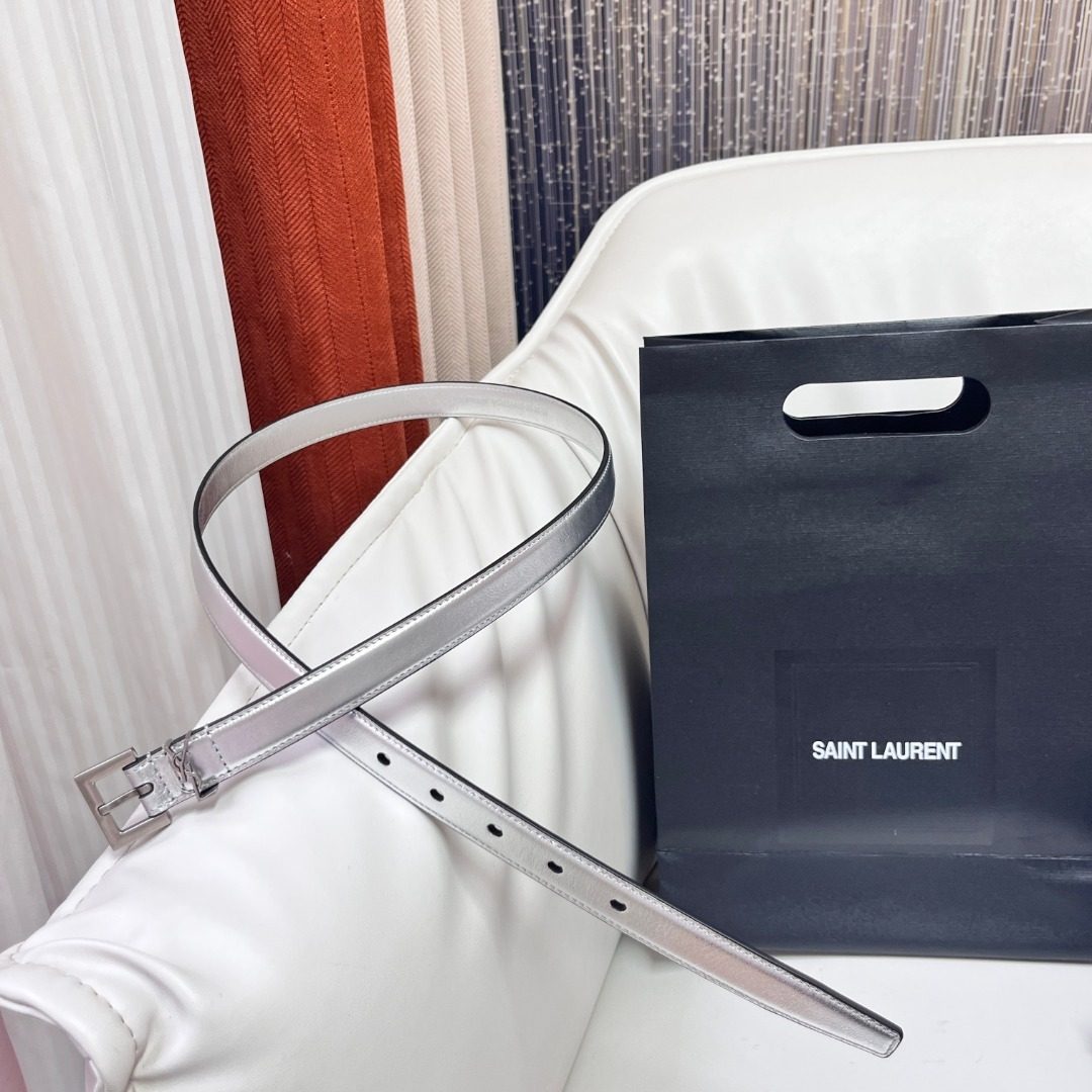Saint Laurent Metallic Silver Leather Belt