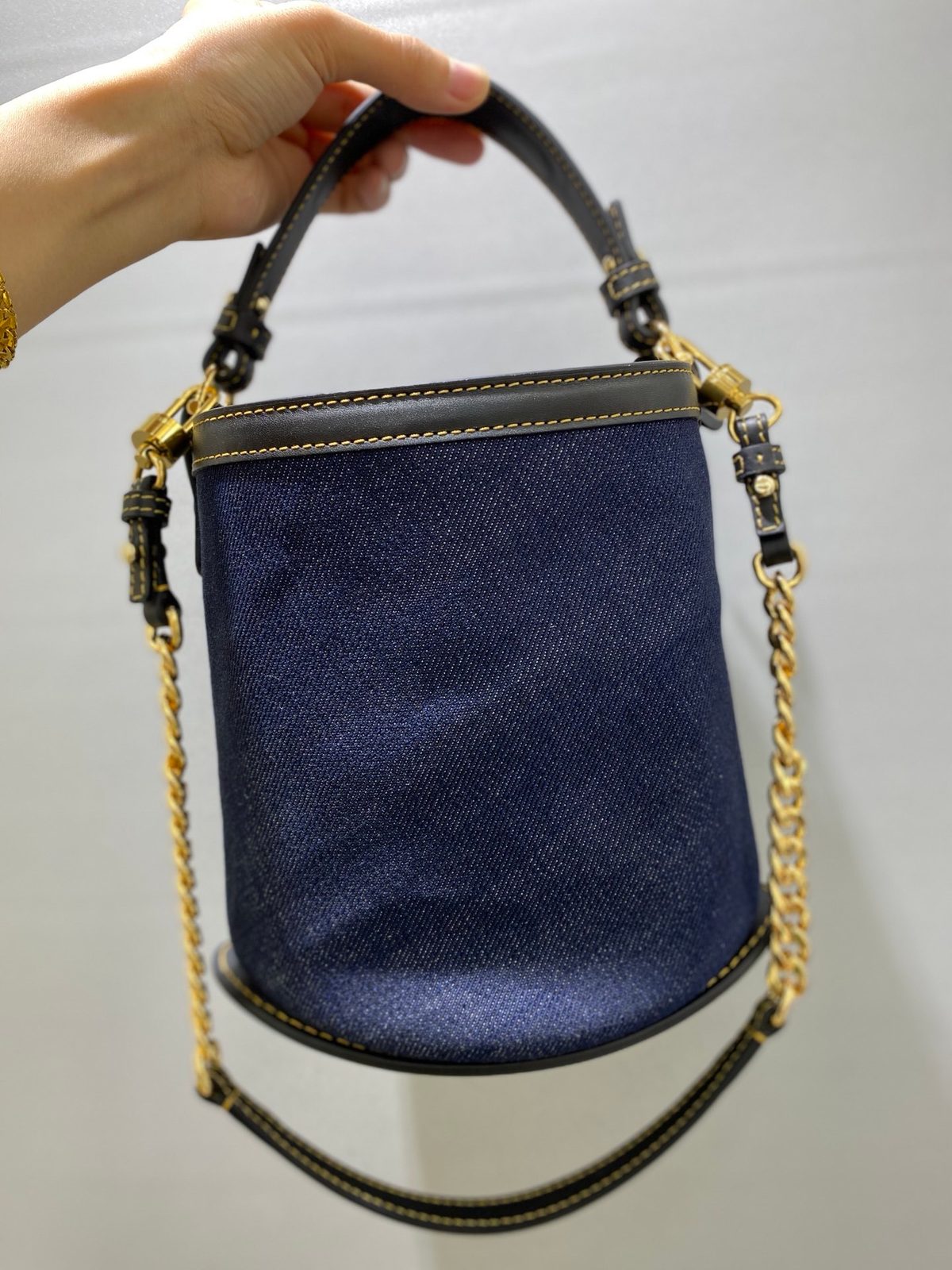 Denim and Leather Bucket Shoulder Bag
