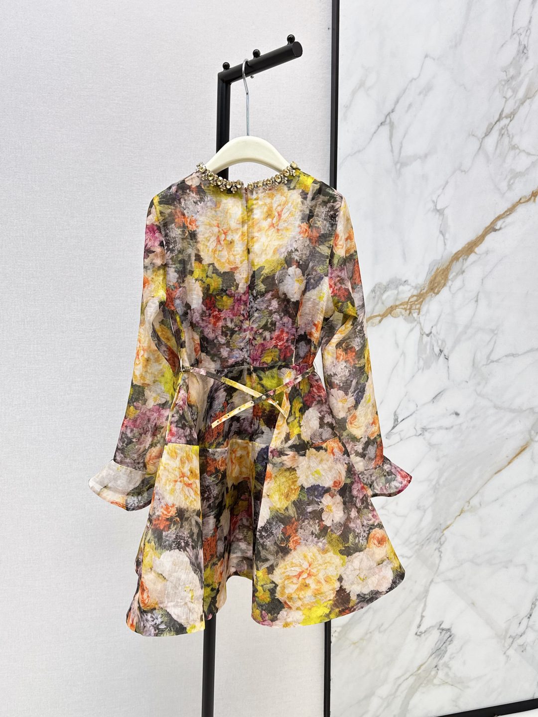 Floral Print Long Sleeve Girls' Dress with Belt