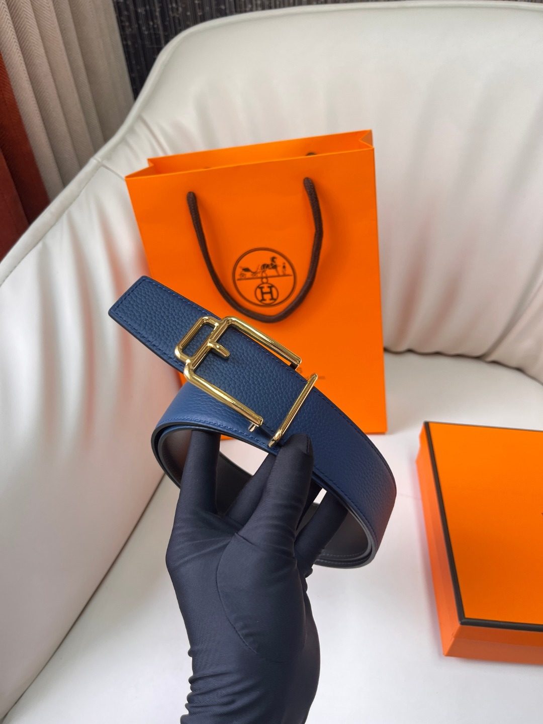 Hermès Reversible Leather Belt Navy