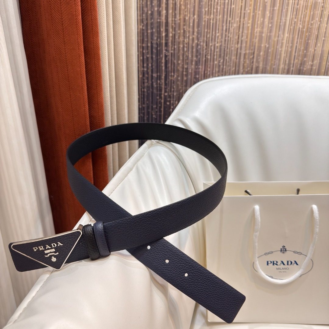 Prada Black Leather Triangle Logo Belt