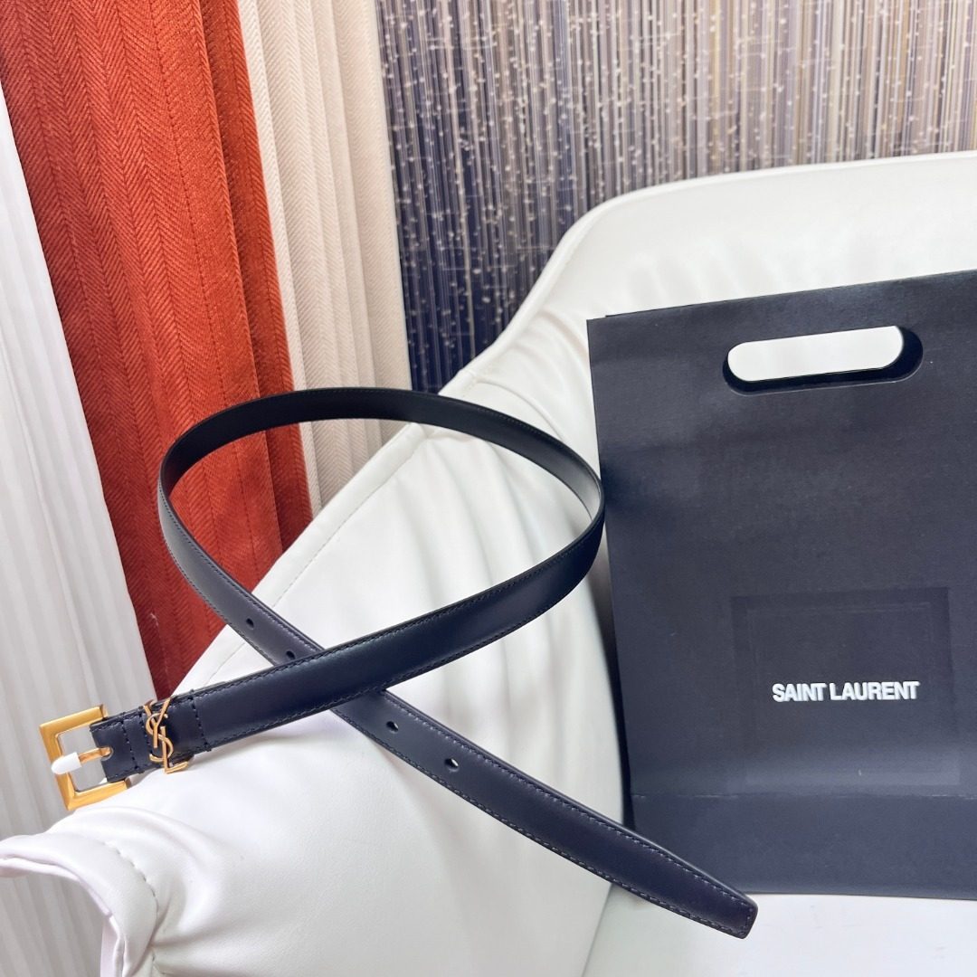 Saint Laurent Black Leather Belt with Gold Buckle