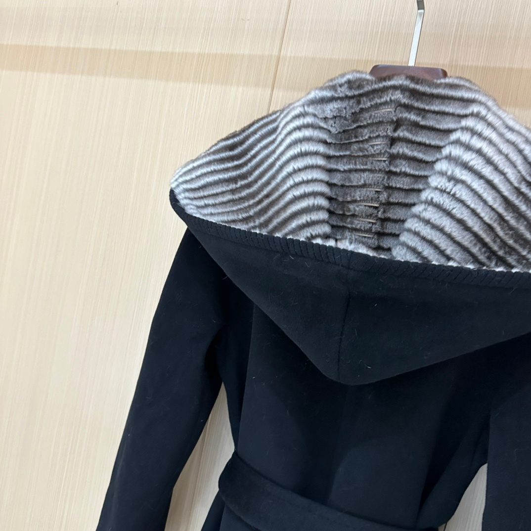 Black Wool Coat with Striped Collar