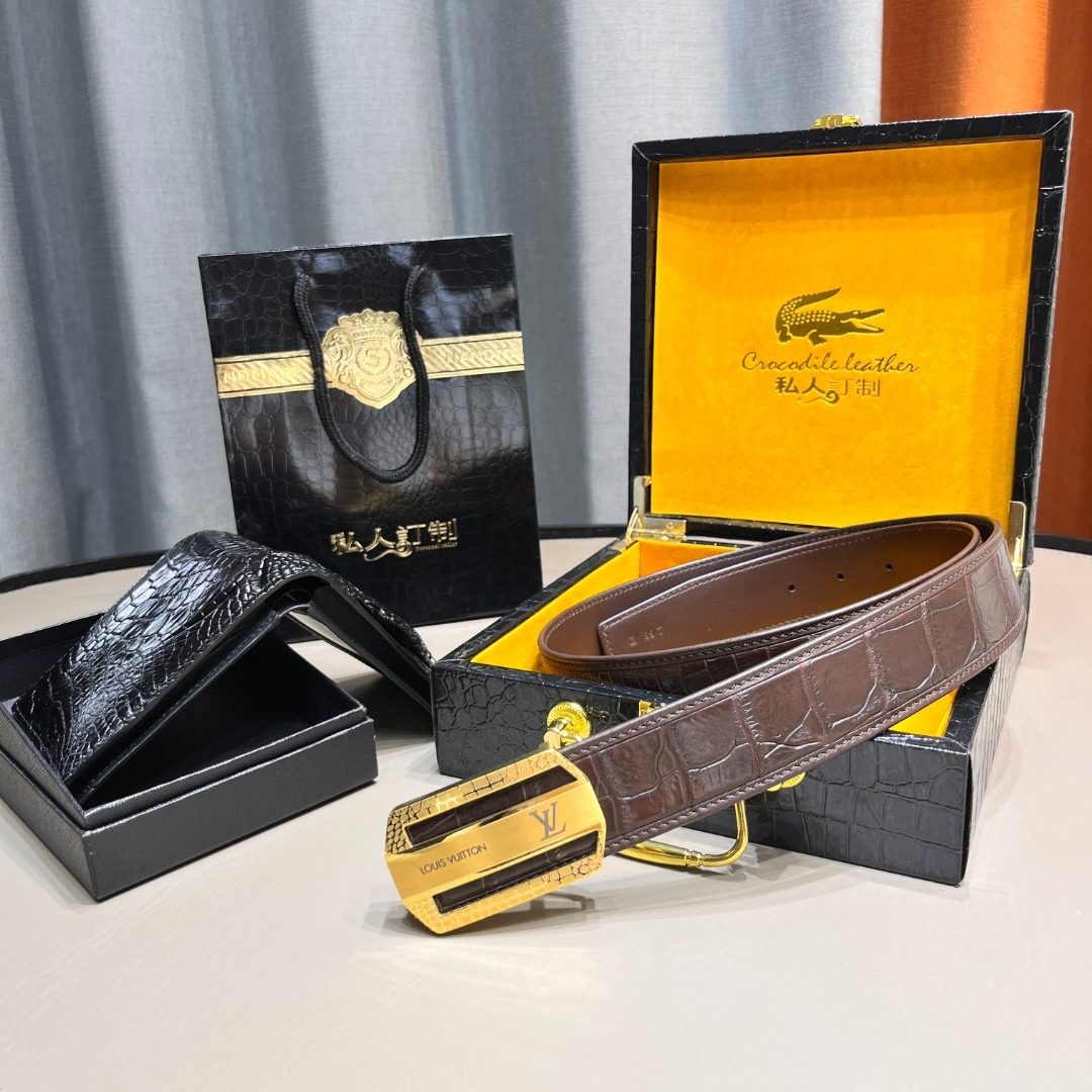 Louis Vuitton Crocodile Leather Belt with Gold Buckle