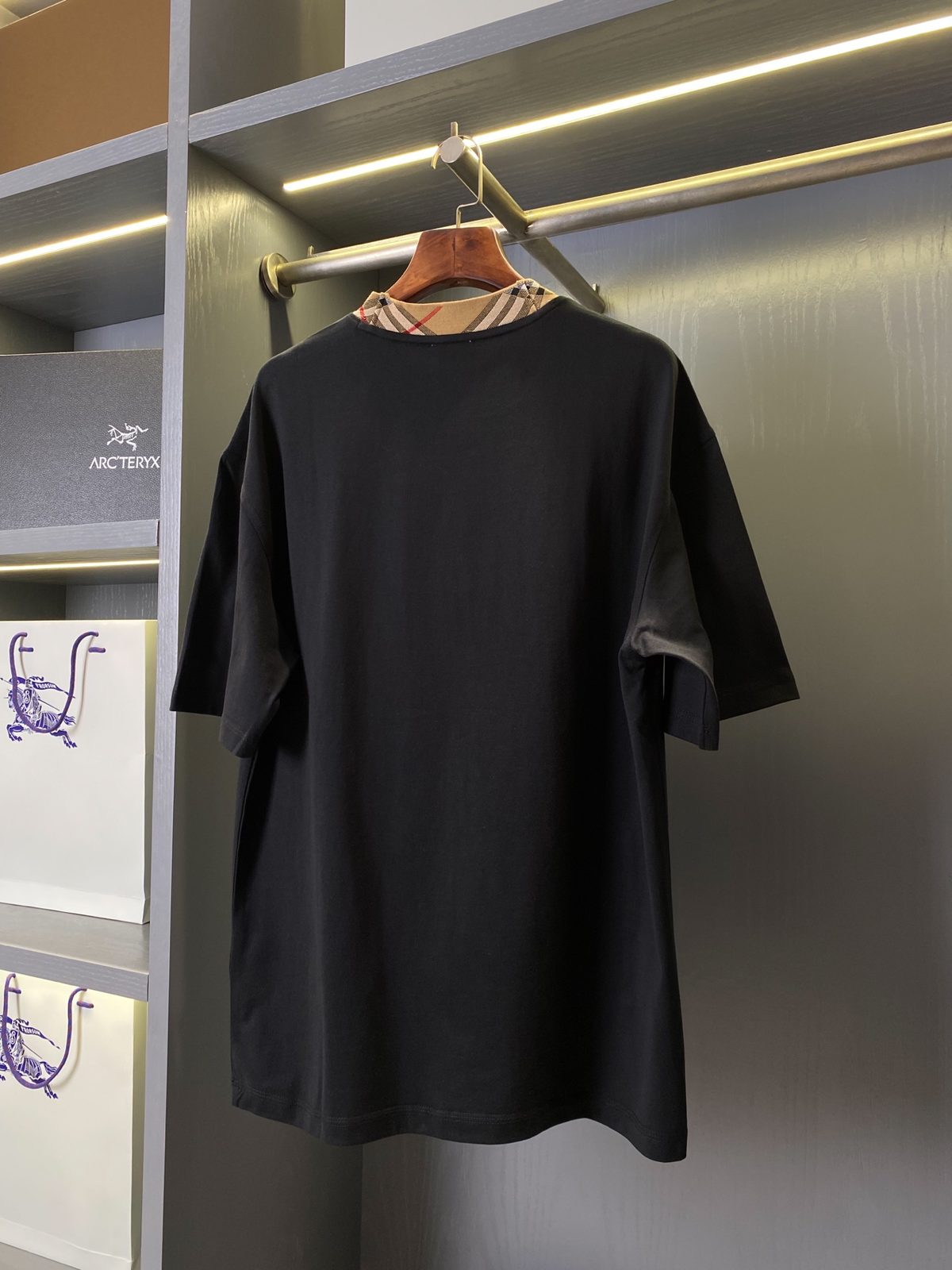 Burberry Check Collar Black Crewneck T-Shirt