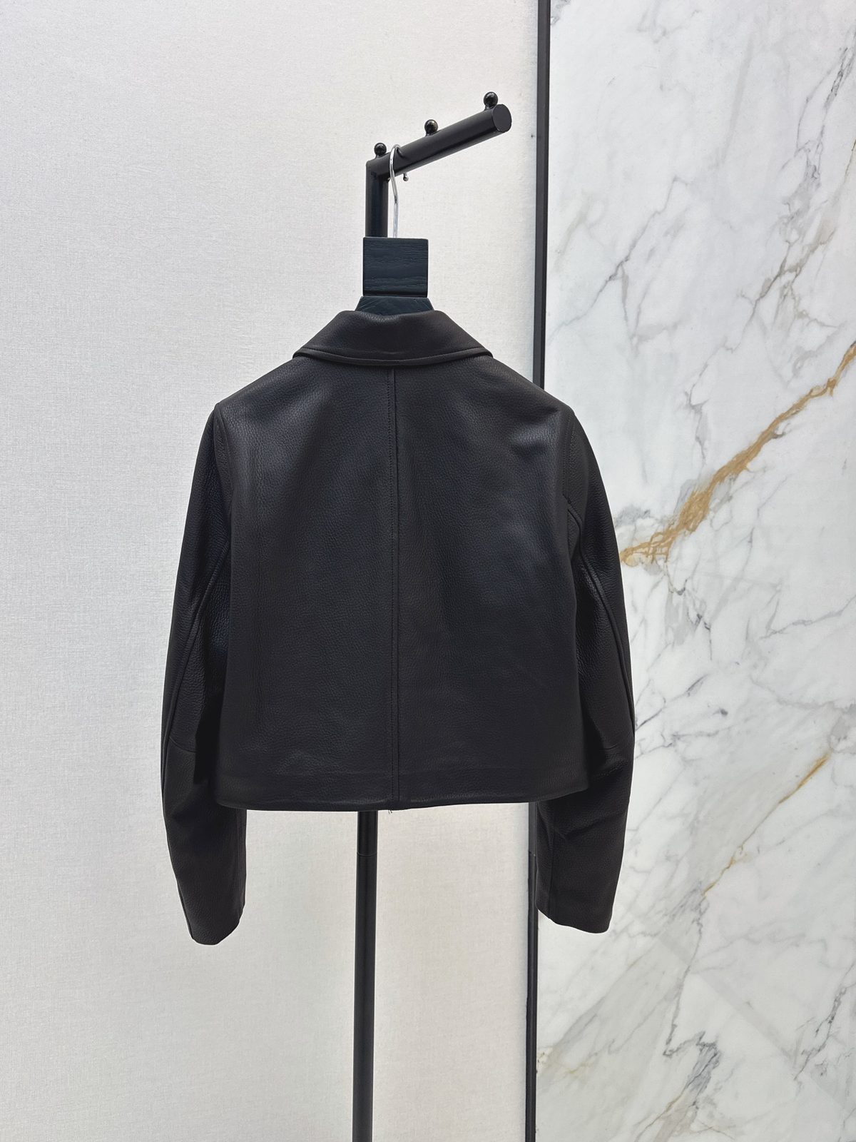 Black Leather Cropped Jacket with Orange Stripe