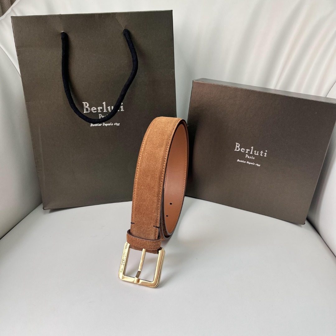 Berluti Suede Leather Belt with Gold Buckle