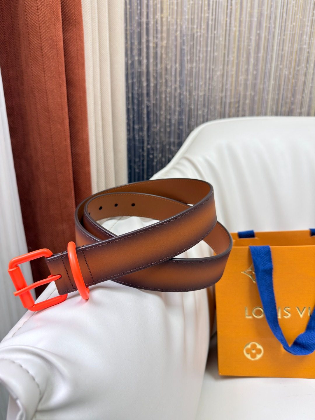 Louis Vuitton Leather Belt with Orange Buckle