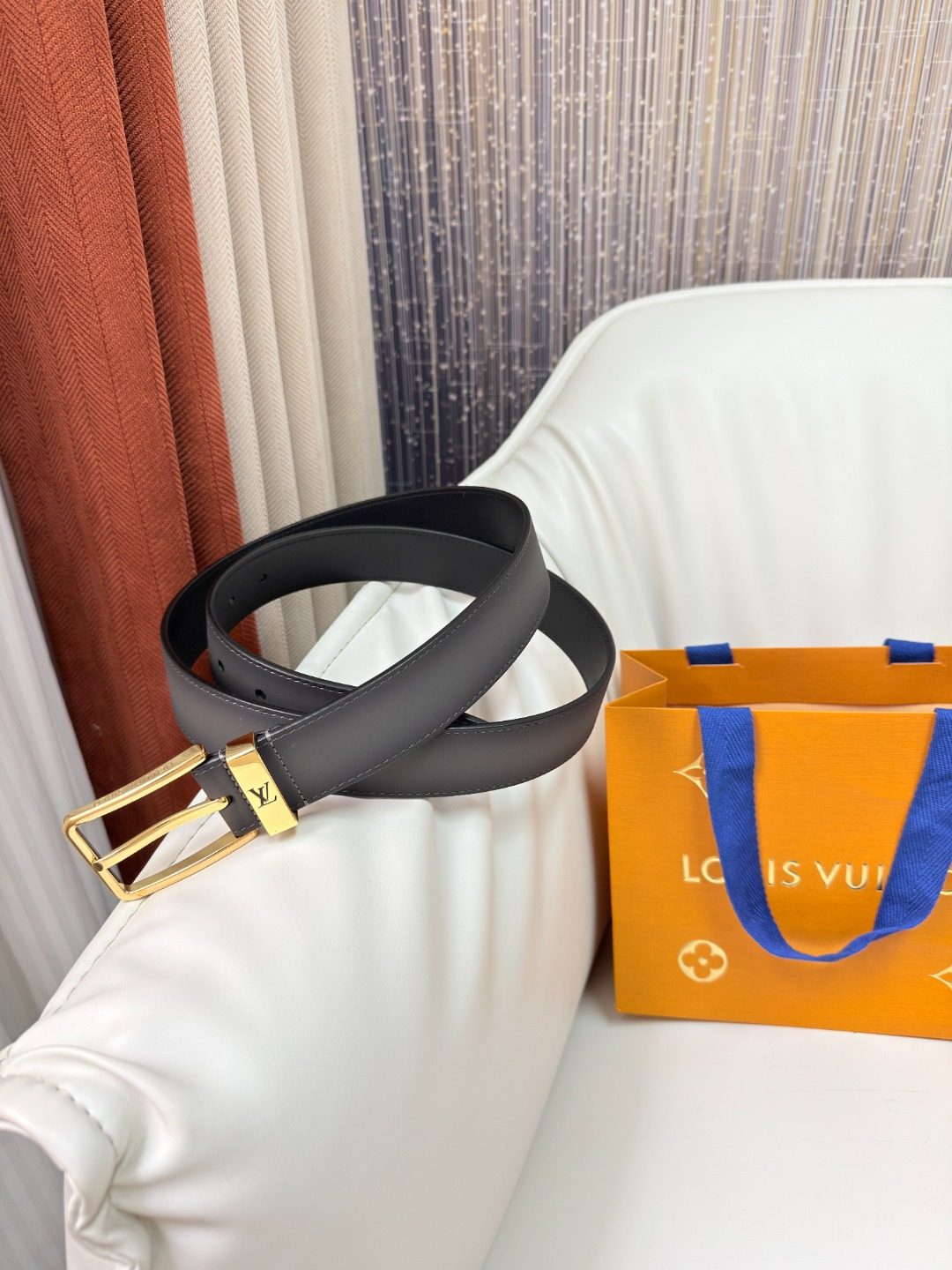 Louis Vuitton Black Leather Belt with Gold Buckle