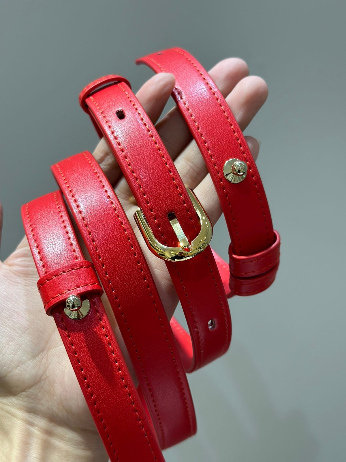 Delvaux Red Leather Belt with Gold Buckle