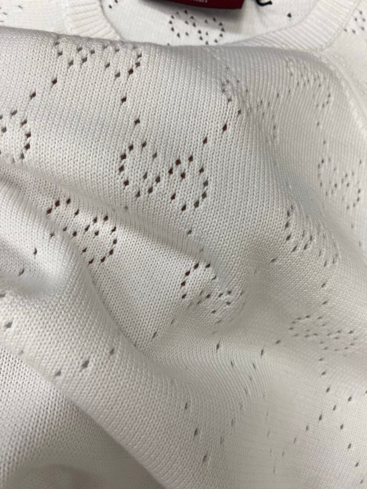 White Perforated Knit Crewneck Sweater