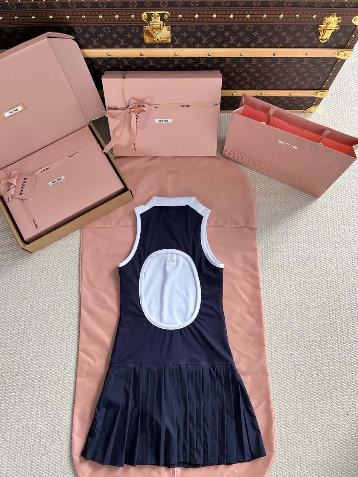 Miu Miu Pleated Wool Mini Dress Navy