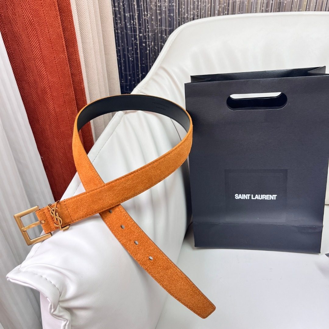 Saint Laurent Suede Leather Belt Camel