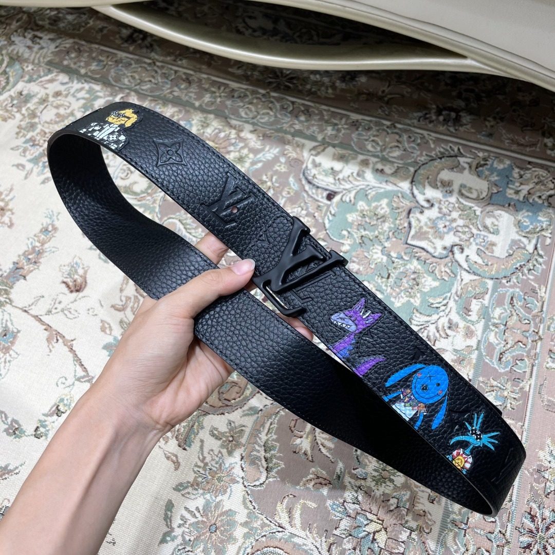 Louis Vuitton Black Leather LV Belt with Custom Art