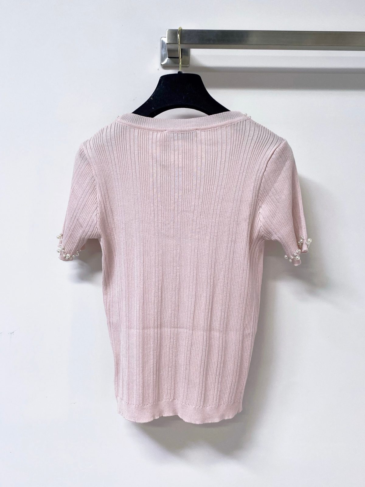 Pink Ribbed Short Sleeve T-Shirt with Pearl Trim