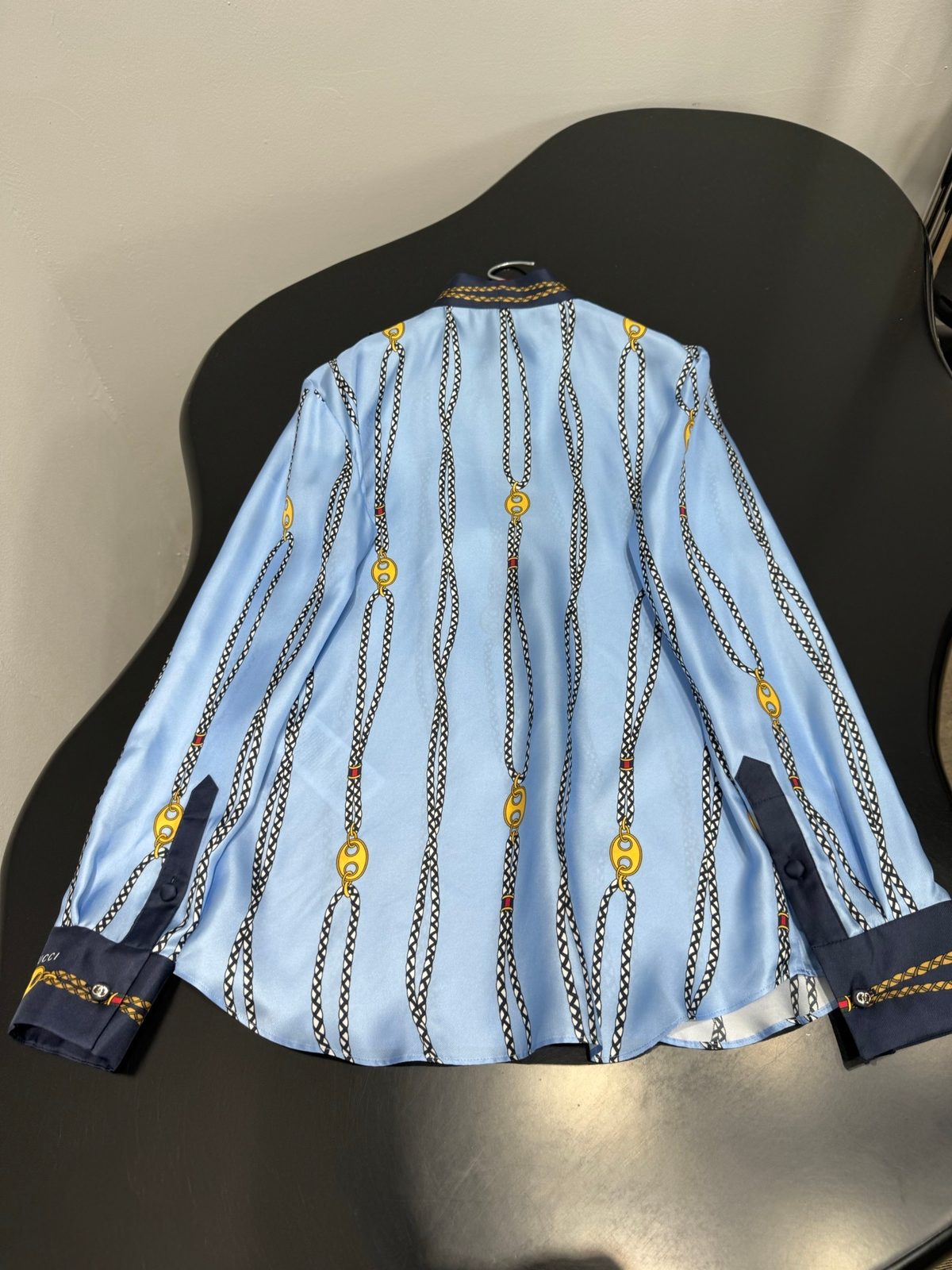 Gucci Chain Print Light Blue Silk Shirt