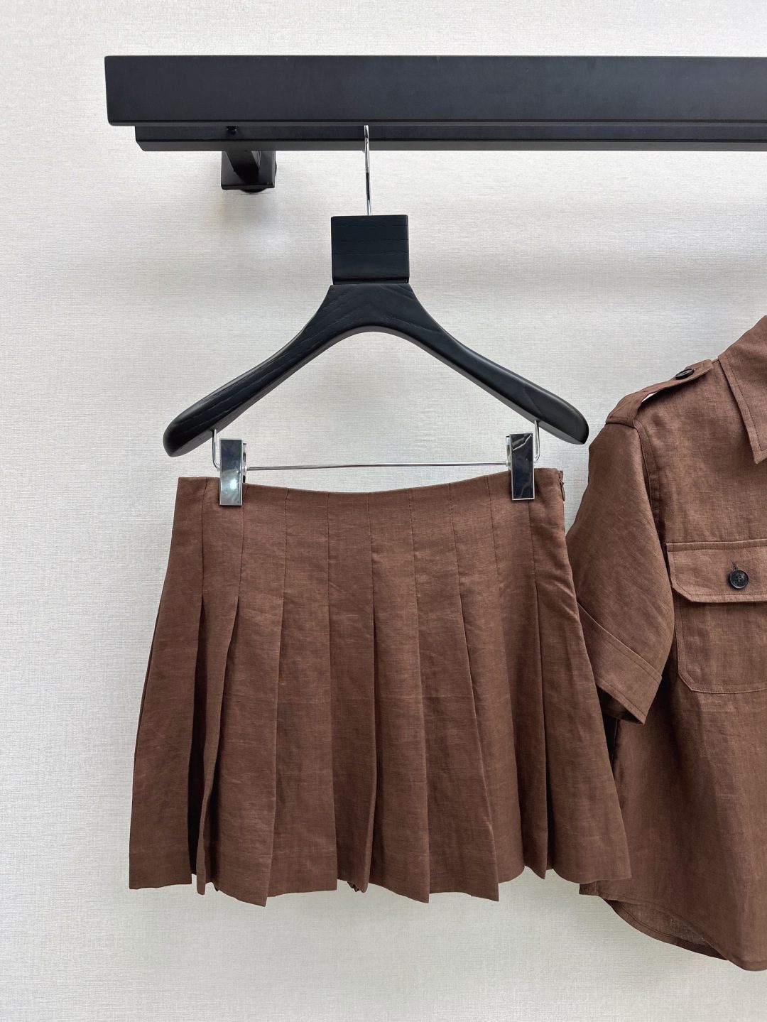 Brown Linen Shirt and Pleated Skirt Set