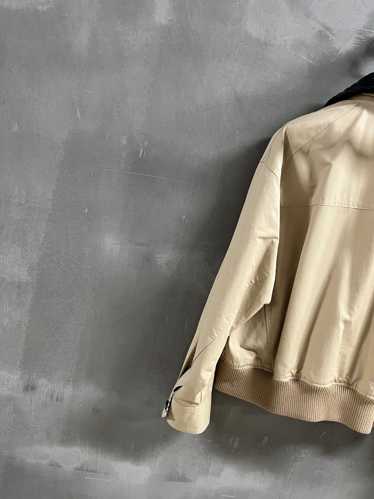 Beige Cotton Bomber Jacket with Ribbed Trim