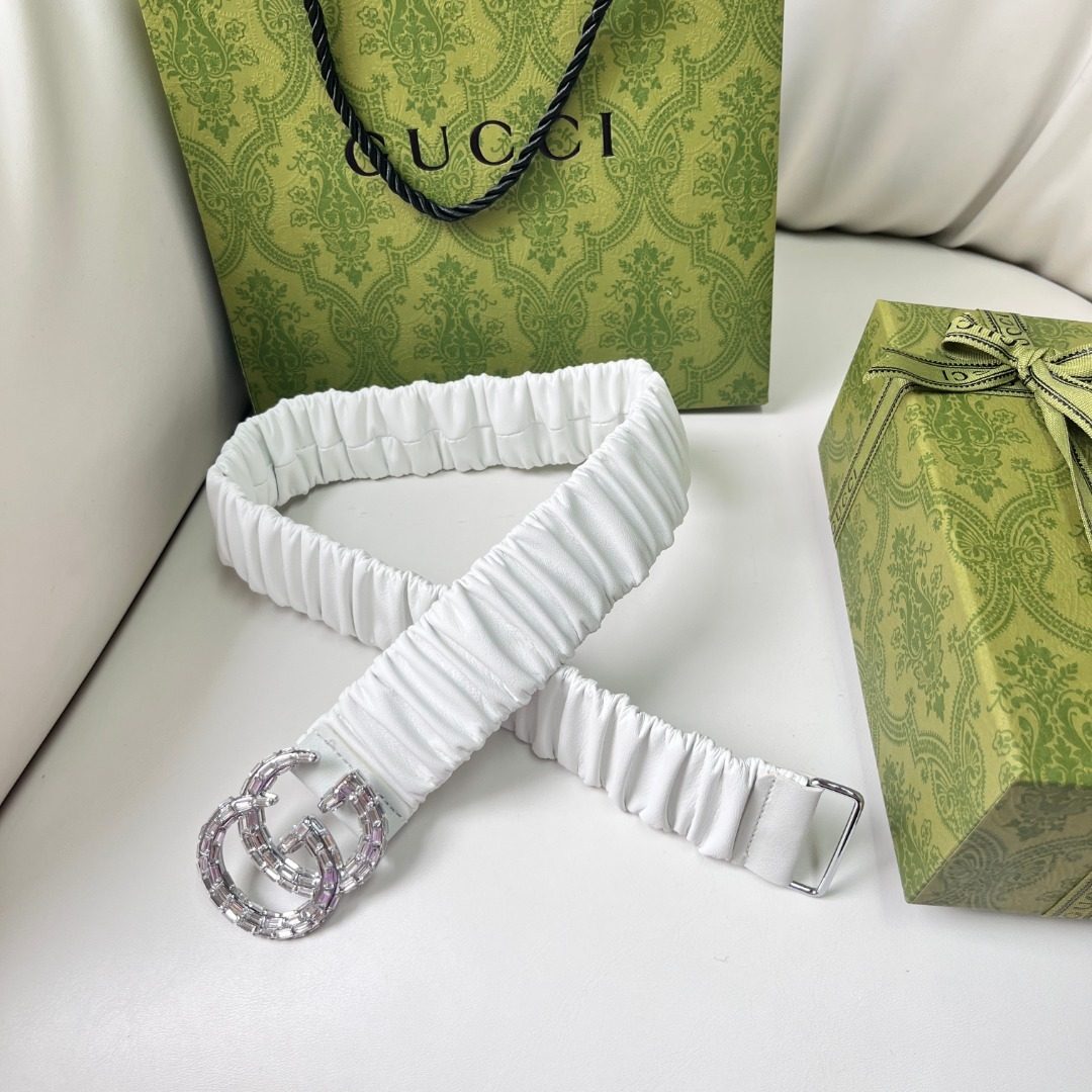 Gucci GG Ruched White Leather Belt