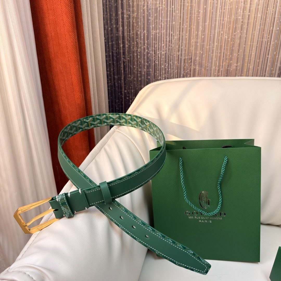 Goyard Green Leather Belt with Gold Buckle