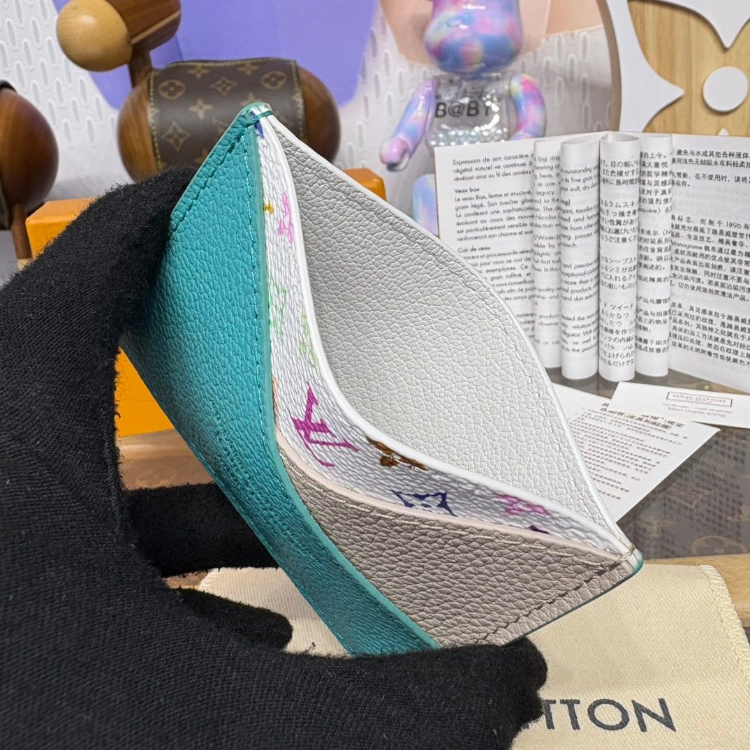 Louis Vuitton Teal Grained Leather Card Holder, Multicolor Interior