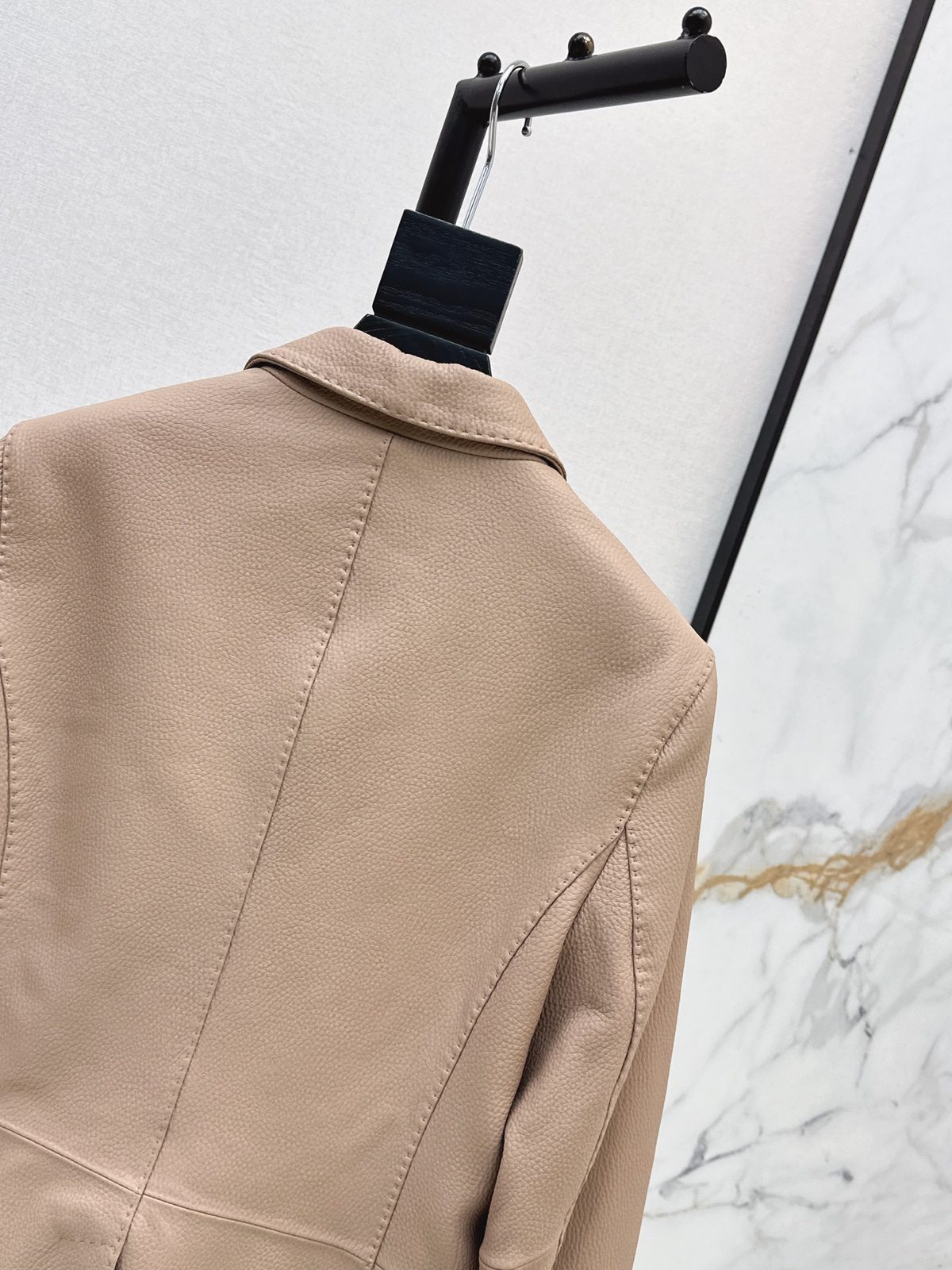 Beige Leather Blazer with Black Button Details