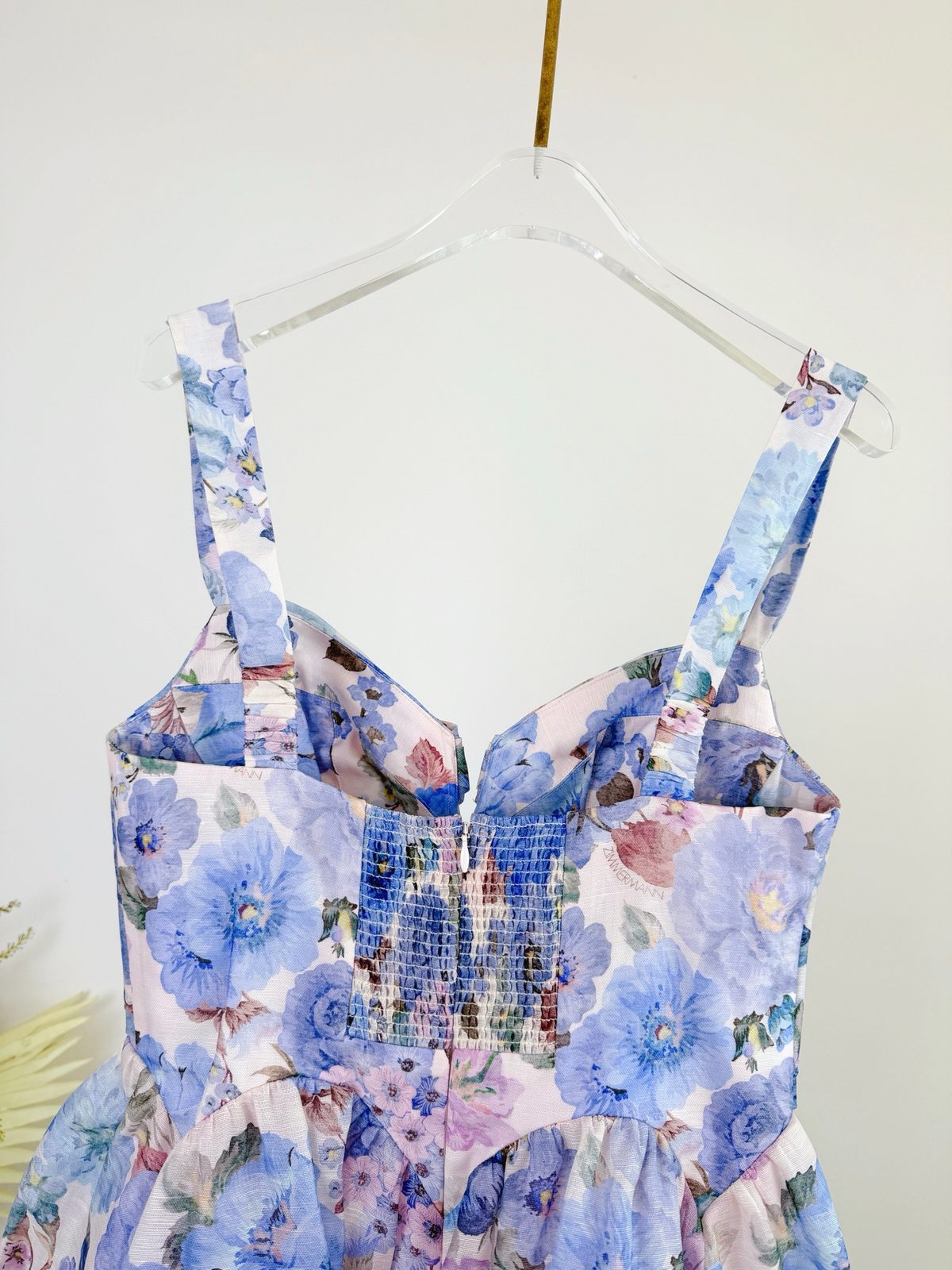 Designer Inspired Sky Blue Floral Linen-Silk Cutout Mini Dress