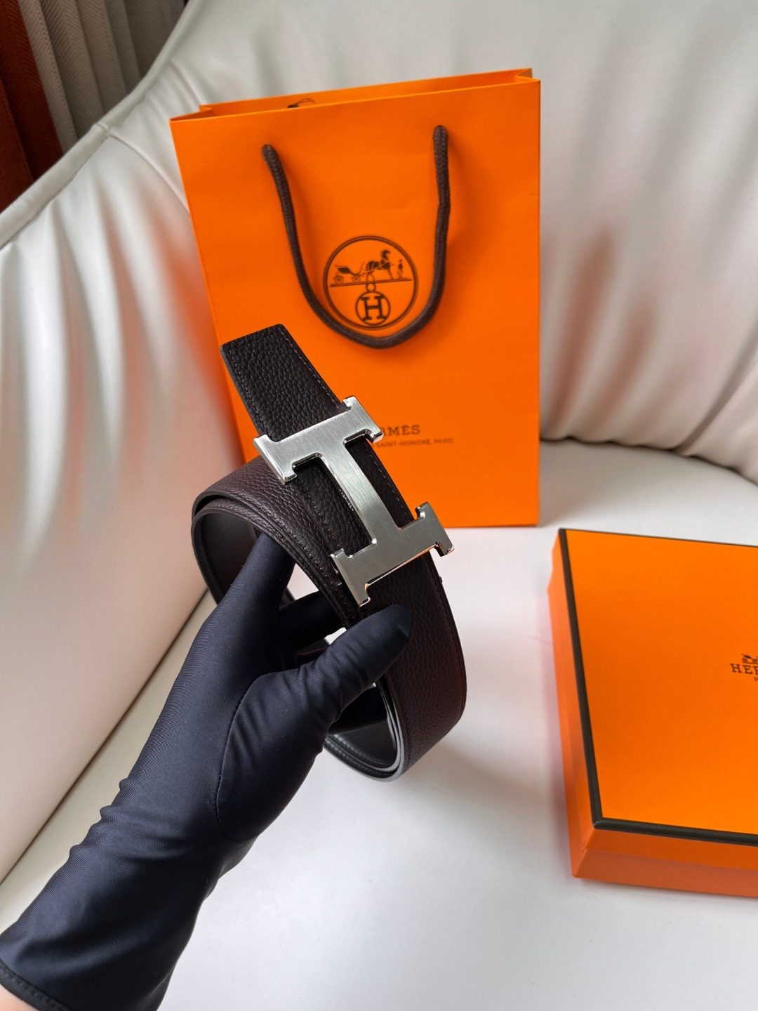 Hermès Constance H Reversible Leather Belt, Dark Brown/Black, Brushed Silver Buckle