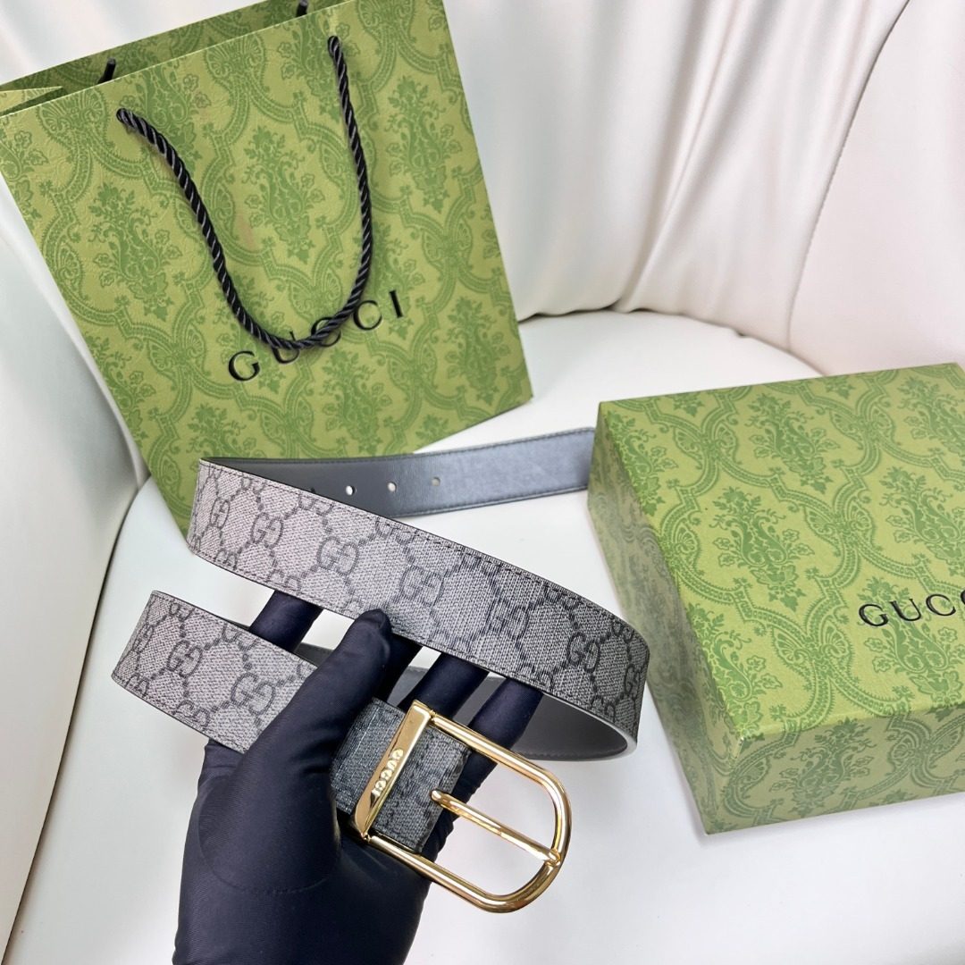 Gucci GG Canvas Leather Belt with Gold Buckle