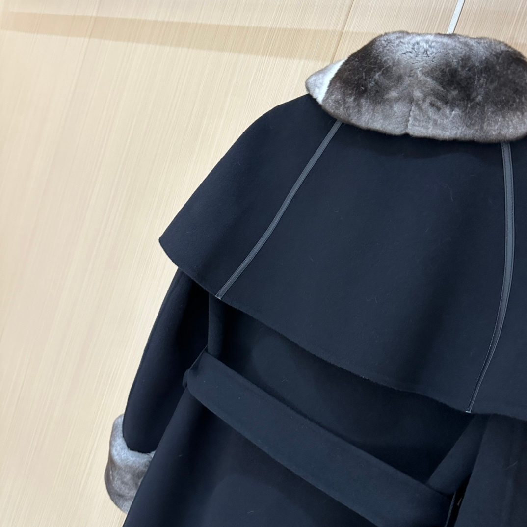Black Wool Cape with Fur Collar and Cuffs