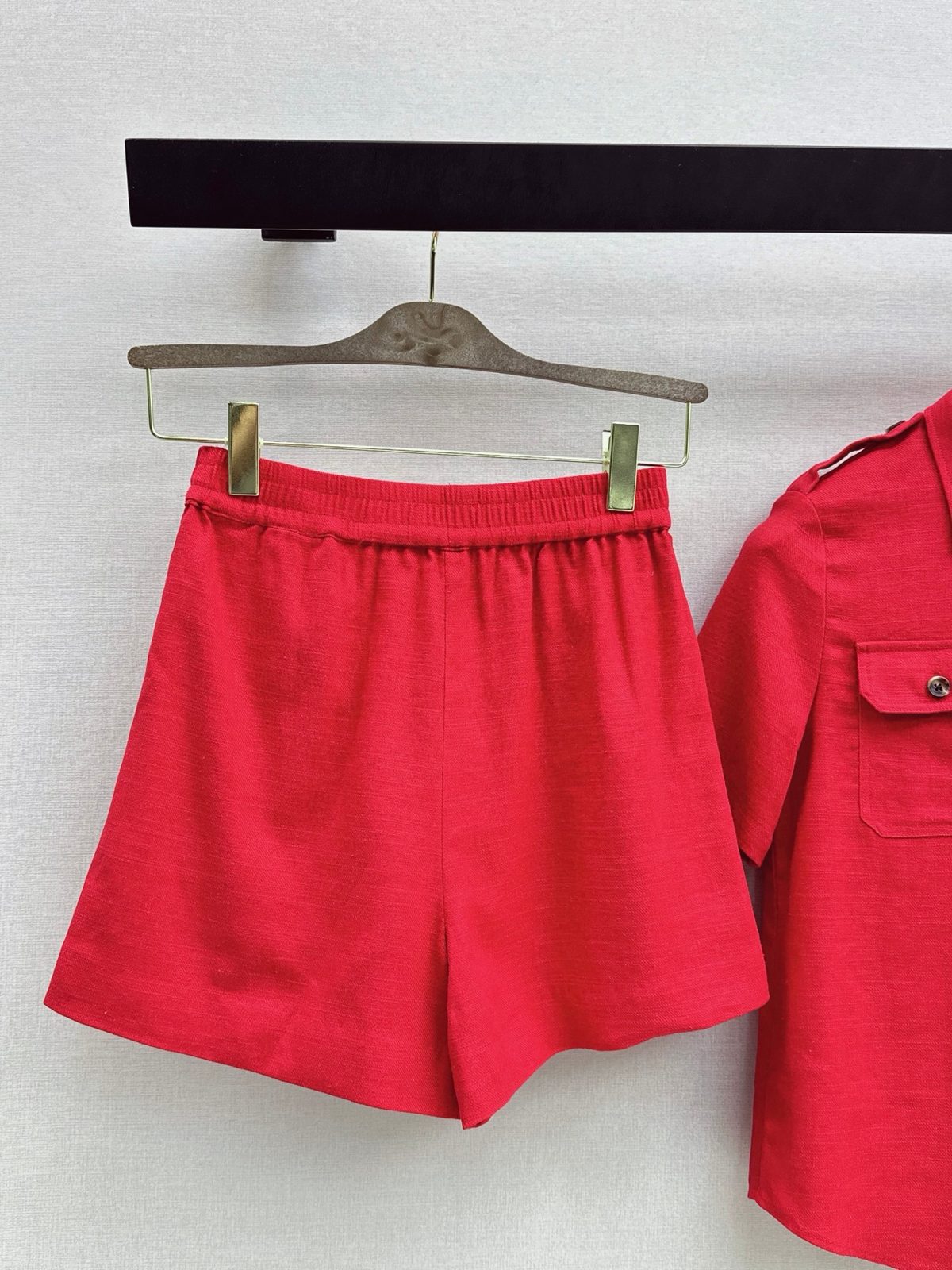 Red Cotton Short-Sleeve Shirt and Shorts Set