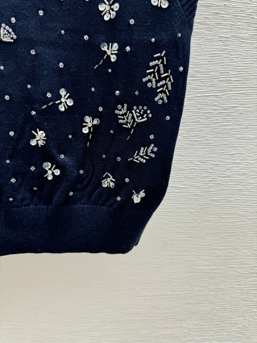 Navy Wool Crewneck Sweater with Embroidered Floral Motif
