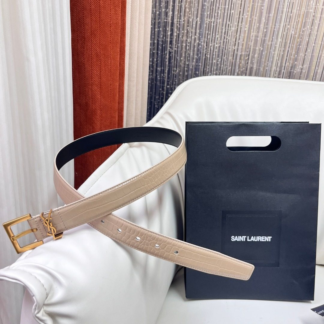 Saint Laurent Crocodile Embossed Leather Belt