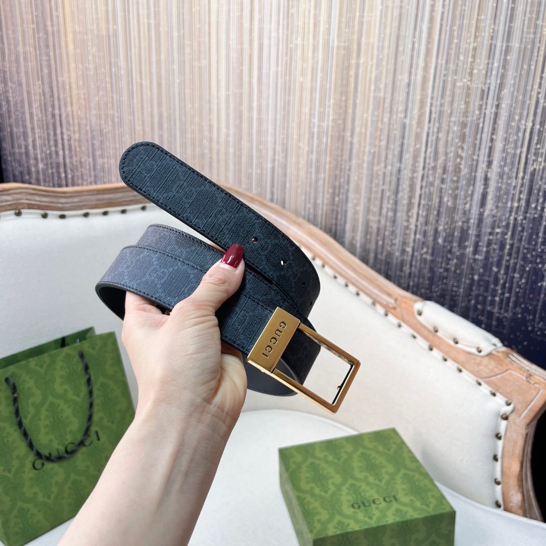 Gucci Denim Leather Belt with Gold Buckle