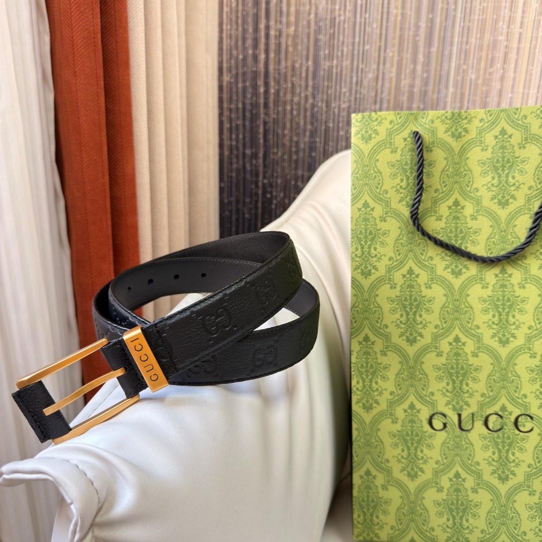 Gucci GG Embossed Leather Belt with Gold Buckle