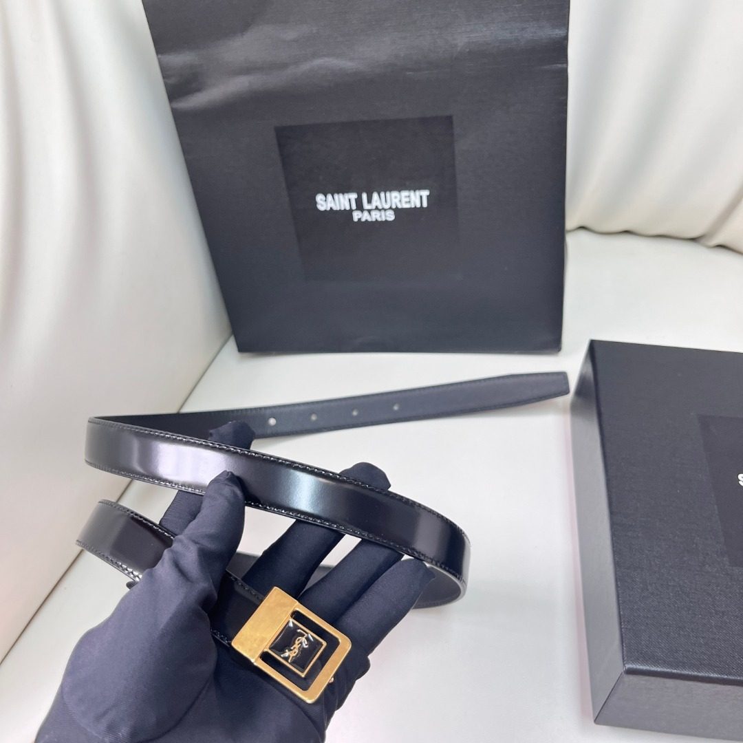 Saint Laurent Paris Leather Belt with Gold Buckle