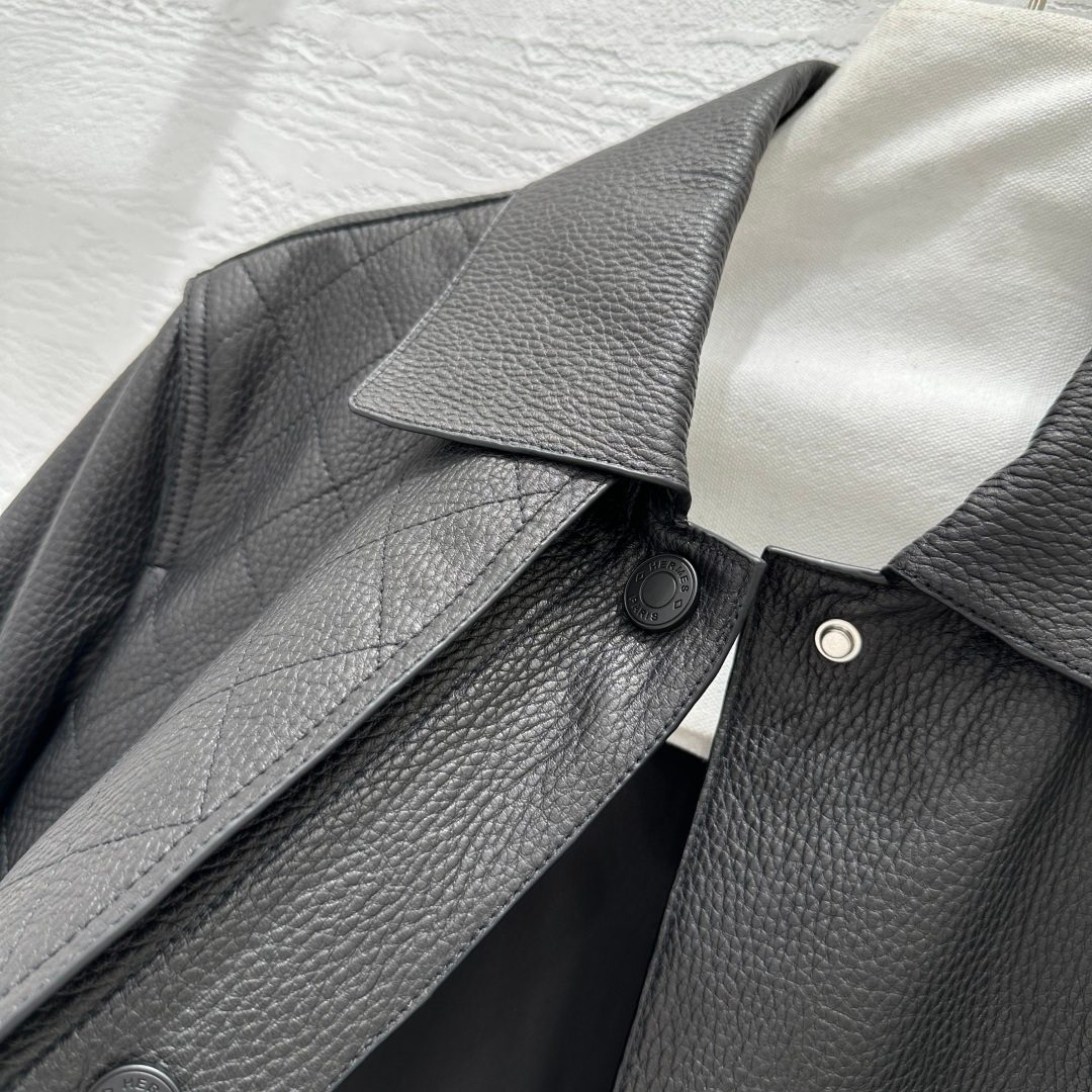 Gray Pebbled Leather Oversized Shirt Jacket