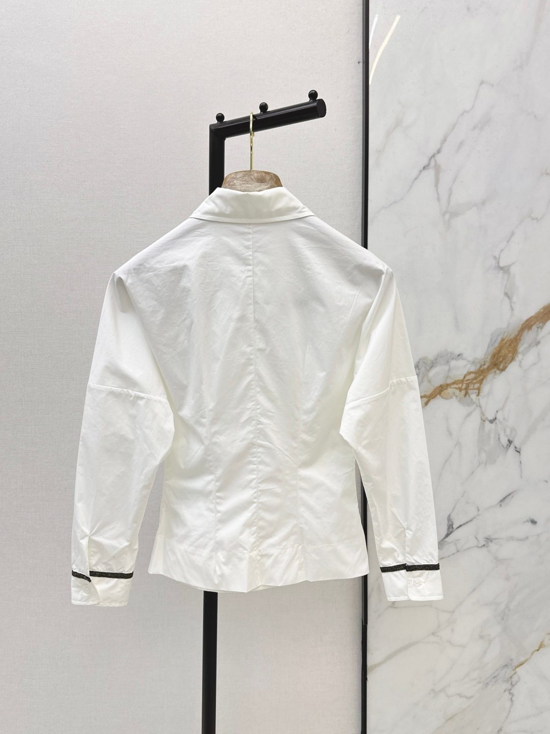 Double-Breasted White Cotton Blazer with Striped Cuffs