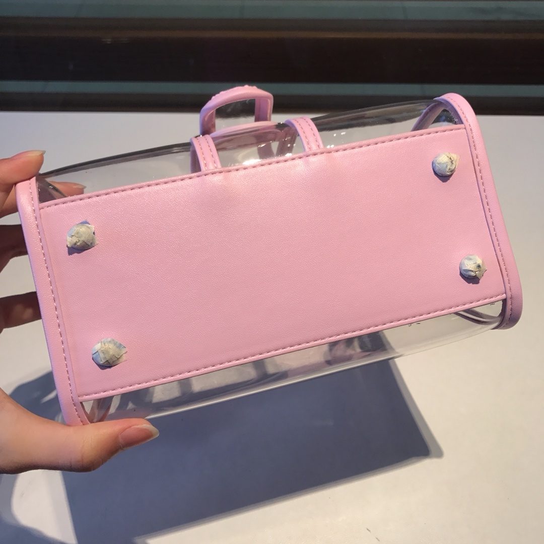 Pink Clear PVC Tote Bag with Leather Trim