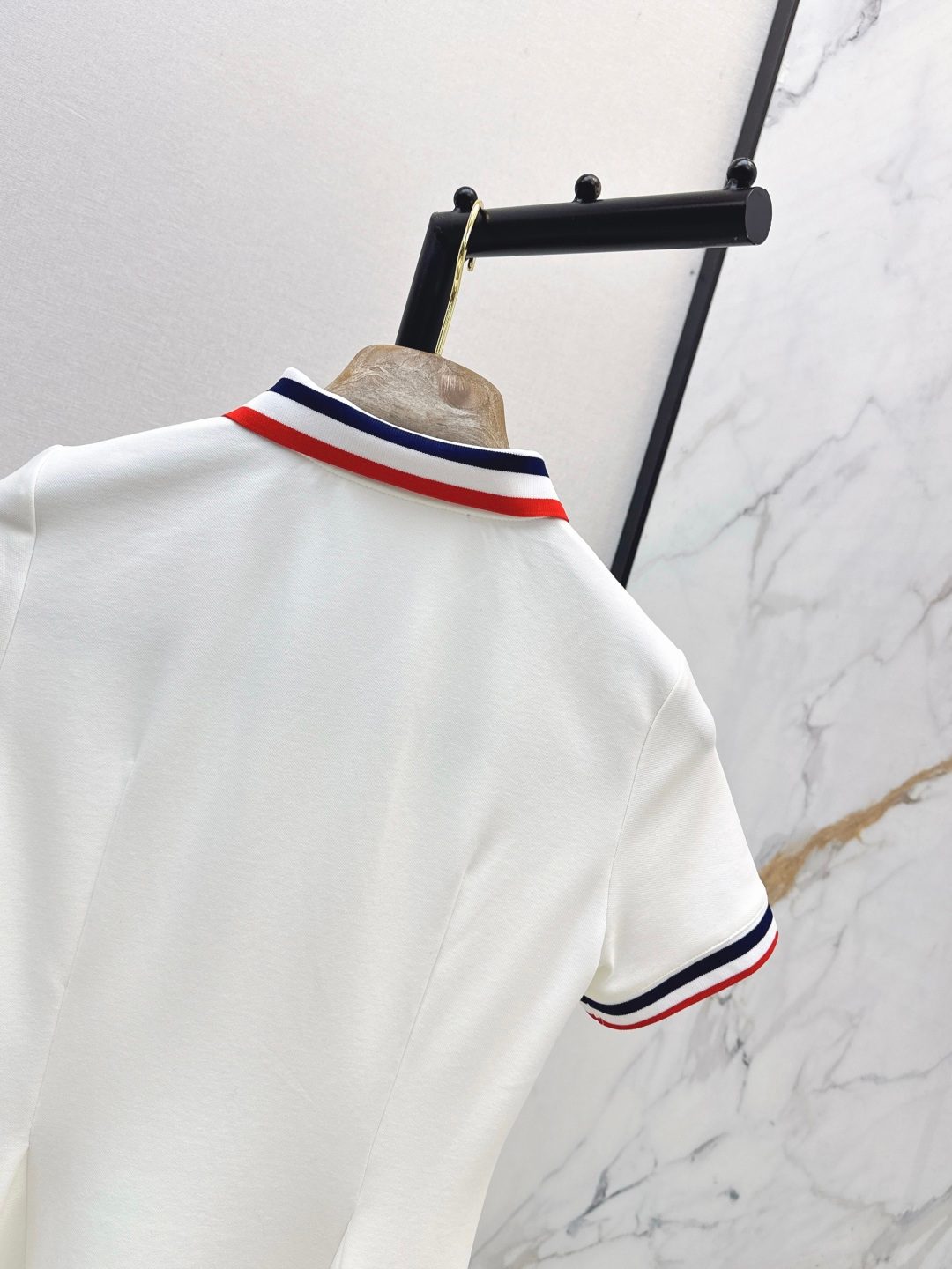 White Polo Shirt with Striped Collar Trim