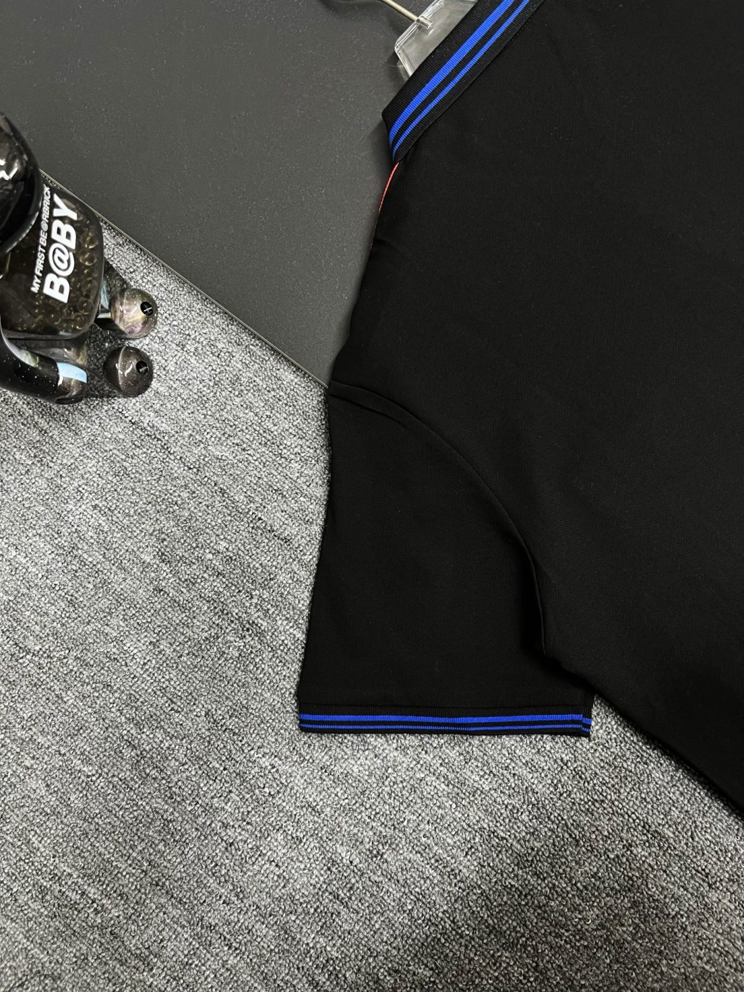 Black Wool Trousers with Blue Stripe Detail