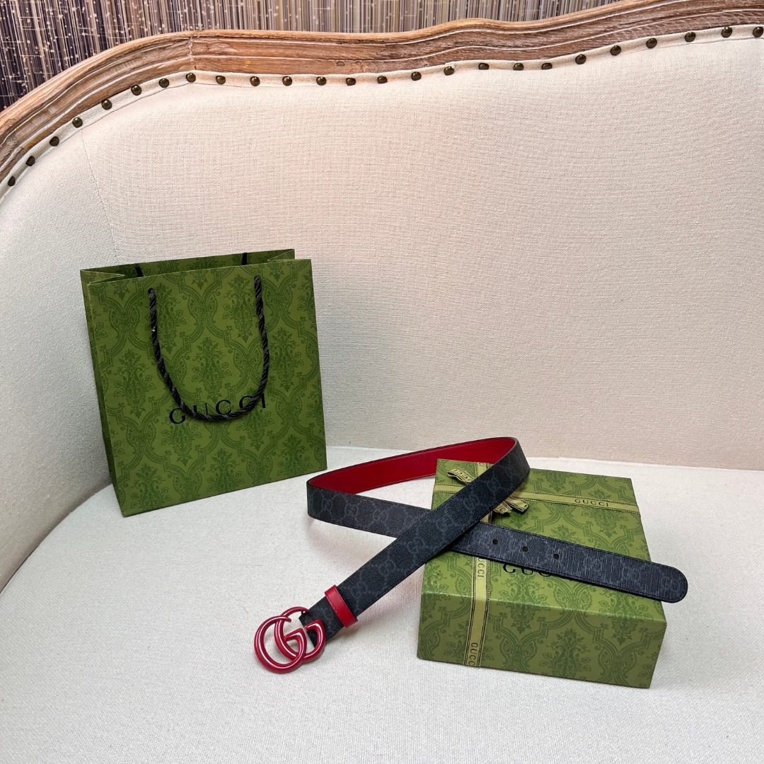 Gucci GG Marmont Leather Belt with Red Buckle