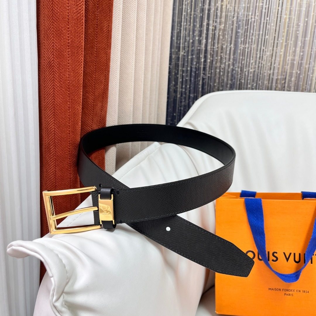 Louis Vuitton Black Leather Belt with Gold Buckle
