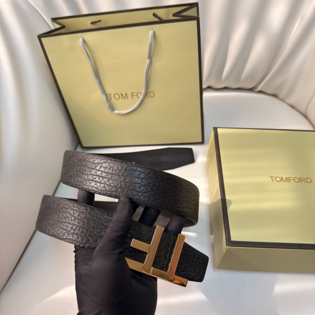 Tom Ford Textured Leather Belt with Gold Buckle