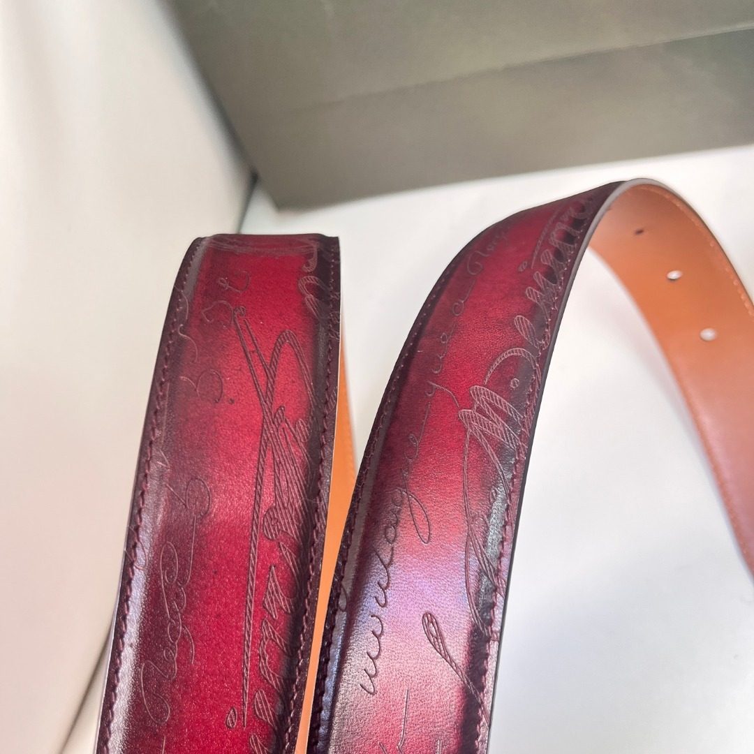 Berutti Burgundy Leather Belt with Gold Buckle