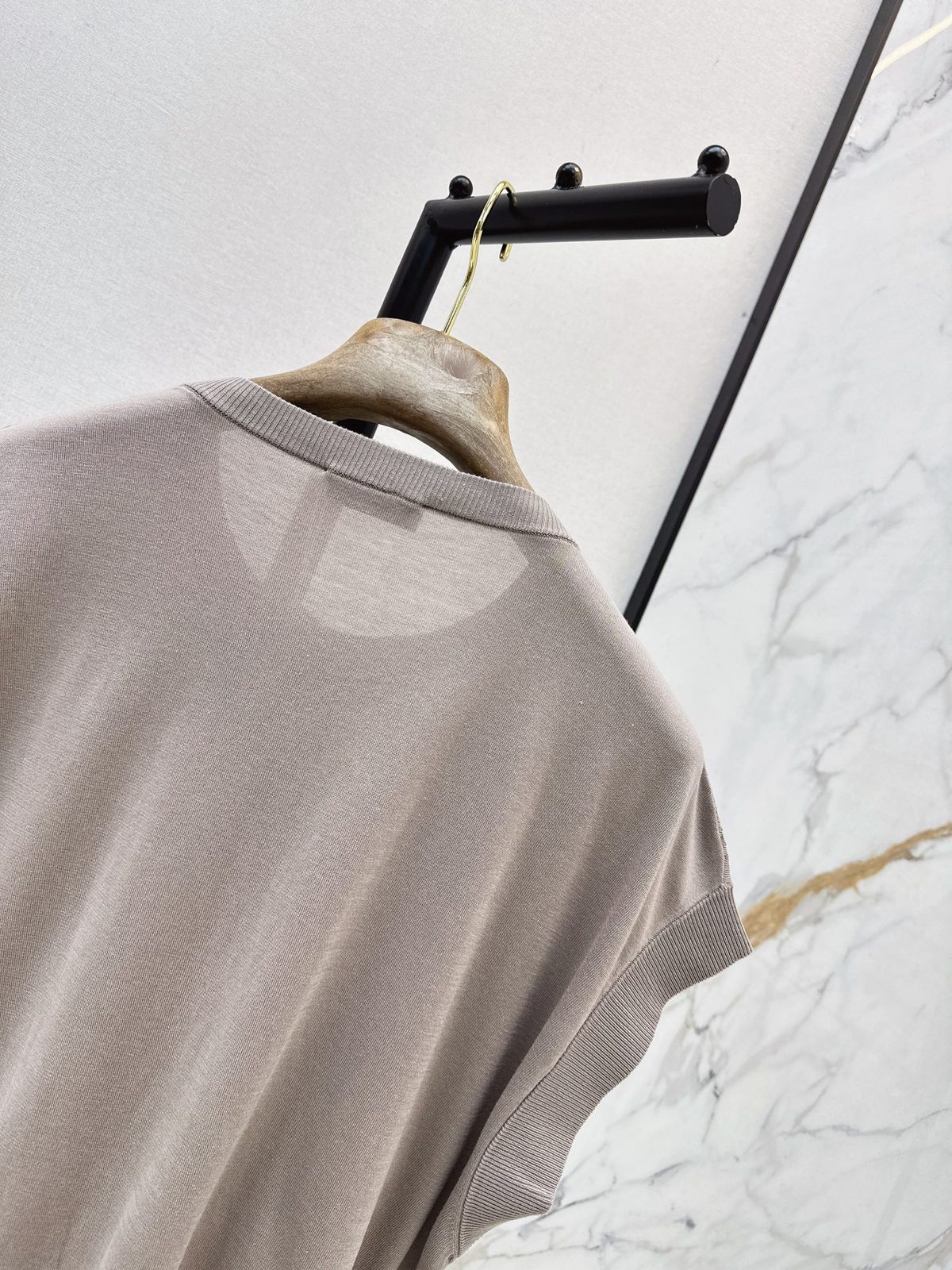 Beige Knit Crewneck Short Sleeve Sweater